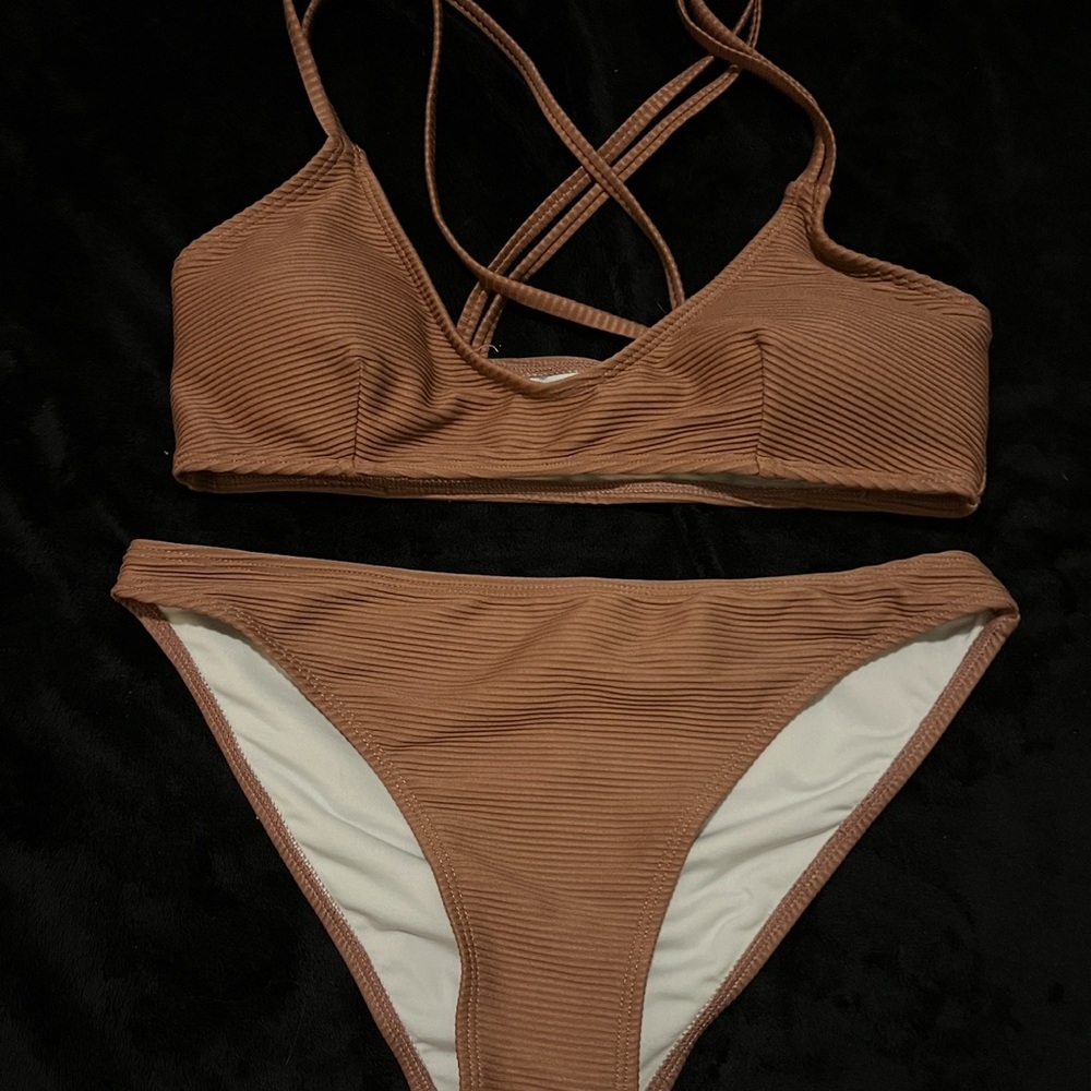Brown Ribbed Bikini Set